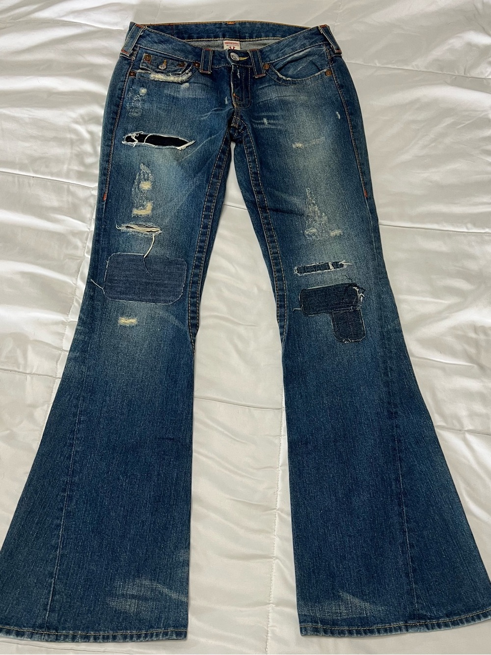 True Religion Distressed Dark Blue Flare Jeans